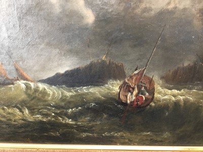 Lot 91 - 19th century naive oil on canvas, Boats off the coast in rough seas