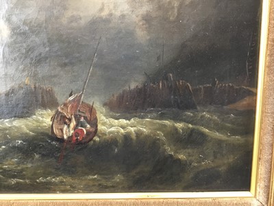 Lot 91 - 19th century naive oil on canvas, Boats off the coast in rough seas