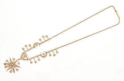 Lot 477 - Late Victorian gold and seed pearl fringe necklace with a detachable star pendant brooch suspended from a graduated fringe with star and crescent motifs on a gold rope twist chain with barrel clasp...