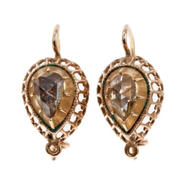 Lot 478 - Pair of antique diamond earrings, each with a pear shape rose cut diamond measuring approximately 7mm x 5mm in gold collet setting with pierced gallery, 21mm, in box.