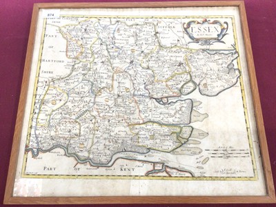 Lot 874 - 18th century Robert Morden hand coloured engraved map of Essex, 39cm x 43.5cm, in glazed frame