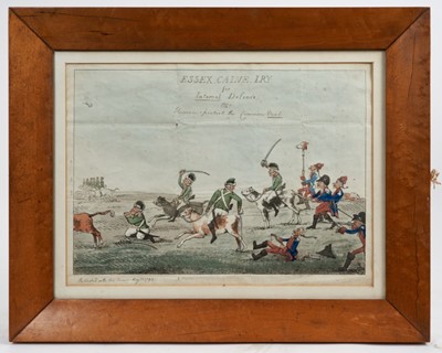 Lot 866 - Rare late 18th century hand coloured etching - 'Essex Calve_lry for Internal Defence. Oh! Heaven protect the Common Veal', published May 12. 1794, 26.5cm x 36.5cm, in glazed maple veneered frame
