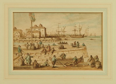 Lot 1253 - Attributed to Thomas Rowlandson (1756-1827) pair of pen, ink and watercolours - Harbour views, possibly Portsmouth, 14cm x 21cm, mounted