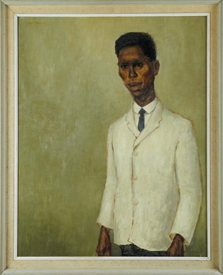 Lot 1280 - Joseph Robinson (1910-1986) oil on board - Jamaican Waiter, signed and dated 1961, inscribed verso, 69.5cm x 85cm, framed.  
Illustrated: Joseph Robinson, Waiting in the Wings: War, Theatre, Portra...