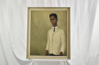 Lot 1280 - Joseph Robinson (1910-1986) oil on board - Jamaican Waiter, signed and dated 1961, inscribed verso, 69.5cm x 85cm, framed.  
Illustrated: Joseph Robinson, Waiting in the Wings: War, Theatre, Portra...