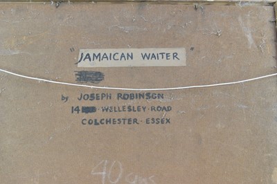 Lot 1280 - Joseph Robinson (1910-1986) oil on board - Jamaican Waiter, signed and dated 1961, inscribed verso, 69.5cm x 85cm, framed.  
Illustrated: Joseph Robinson, Waiting in the Wings: War, Theatre, Portra...