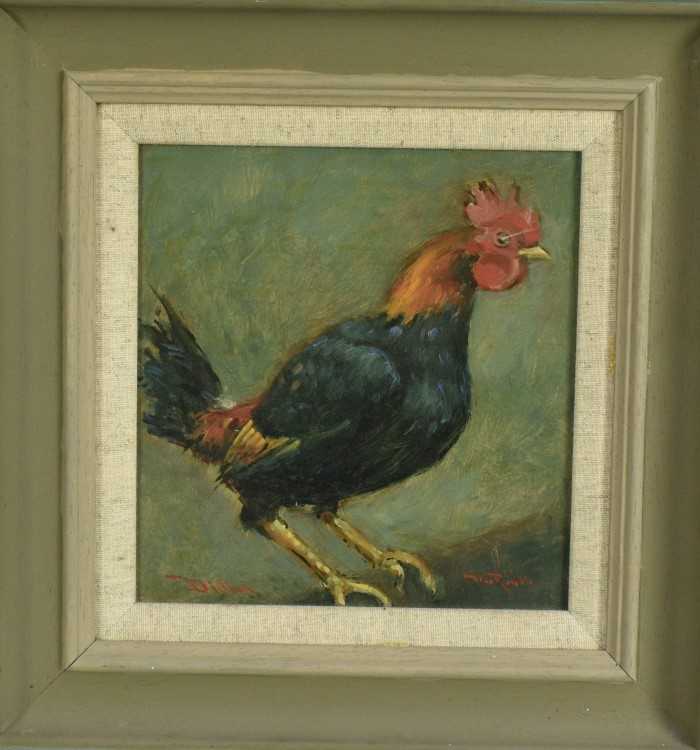 Lot 1030 - Dave Ross, contemporary, oil on board - Old English Game Cock, signed, 19.5cm x 18.5cm, in painted frame
