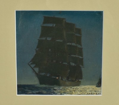 Lot 1282 - Fid Harnack (1897-1993) oil on canvas laid on board - Ship under full sail, signed, 15.5cm square, in glazed frame