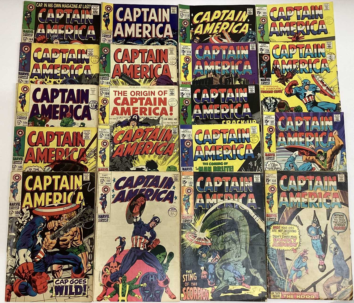 Lot 122 - Small group of Marvel comics Captain America (1968 to 1970) Includes #100 premiere issue, Captain America 1st own series and black panther appearance. Priced 12 and 15 cents. (19)