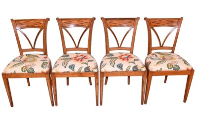 Lot 1420 - Set of four 19th century Scandinavian birch and ebony inlaid side chairs, in the Biedermeier style, with bowed toprail and slip in seat on square tapered legs
