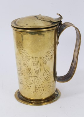 Lot 537 - 19th century brass folk art lidded pub tankard with engraved scene depicting a windmill and the reverse engraved 'Ye Windmill Inne', 16cm overall height.