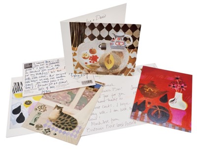 Lot 869 - Mary Fedden, (1915 -2012), collection of six hand written cards from Mary Fedden to a friend, included is mention of trips to the national gallery, her appreciation of her friends pussy card and m...