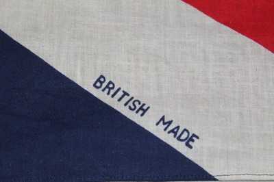Lot 691 - 1950sb large linen Union Jack flag, stamped British Made 84 cm x 114 cm, similar large linen red white and blue street / balcony banners 70 cm x 850cm (1), 70cm x 400 cm (1), 70cm x 200 cm (4). Plu...