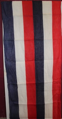Lot 691 - 1950sb large linen Union Jack flag, stamped British Made 84 cm x 114 cm, similar large linen red white and blue street / balcony banners 70 cm x 850cm (1), 70cm x 400 cm (1), 70cm x 200 cm (4). Plu...