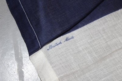 Lot 691 - 1950sb large linen Union Jack flag, stamped British Made 84 cm x 114 cm, similar large linen red white and blue street / balcony banners 70 cm x 850cm (1), 70cm x 400 cm (1), 70cm x 200 cm (4). Plu...