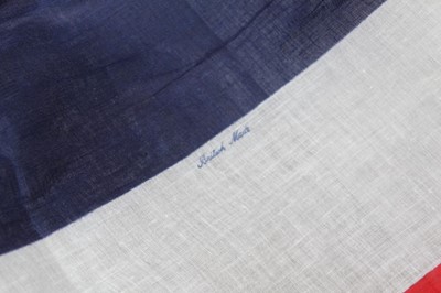 Lot 691 - 1950sb large linen Union Jack flag, stamped British Made 84 cm x 114 cm, similar large linen red white and blue street / balcony banners 70 cm x 850cm (1), 70cm x 400 cm (1), 70cm x 200 cm (4). Plu...