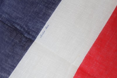 Lot 691 - 1950sb large linen Union Jack flag, stamped British Made 84 cm x 114 cm, similar large linen red white and blue street / balcony banners 70 cm x 850cm (1), 70cm x 400 cm (1), 70cm x 200 cm (4). Plu...