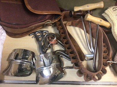 Lot 923 - Six pairs of riding breeches including two 1950s pairs, pair of Swaine & Adeney hunting gloves, another pair, four white stocks, hunting whip, assorted boot pulls, cartridge bag, belt and gun sling