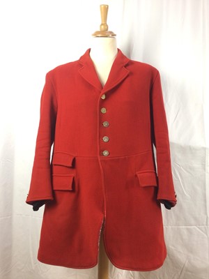 Lot 928 - Gentleman's red hunt coat by Foxley with brass Essex Hunt buttons, size 46