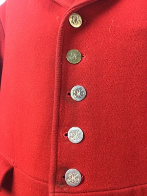 Lot 928 - Gentleman's red hunt coat by Foxley with brass Essex Hunt buttons, size 46