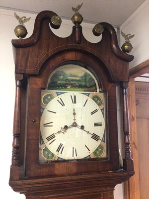Lot 676 - Victorian eight-day longcase clock with arched painted dial with landscape to arch in broad mahogany case with swan neck pediment. 126cm high, pendulum and two weights present