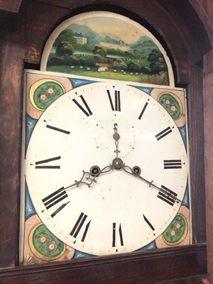 Lot 676 - Victorian eight-day longcase clock with arched painted dial with landscape to arch in broad mahogany case with swan neck pediment. 126cm high, pendulum and two weights present