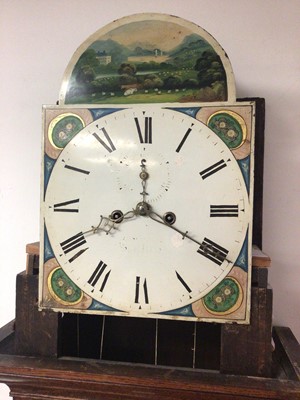 Lot 676 - Victorian eight-day longcase clock with arched painted dial with landscape to arch in broad mahogany case with swan neck pediment. 126cm high, pendulum and two weights present