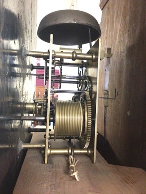 Lot 676 - Victorian eight-day longcase clock with arched painted dial with landscape to arch in broad mahogany case with swan neck pediment. 126cm high, pendulum and two weights present