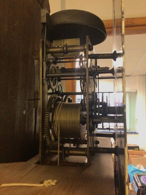 Lot 676 - Victorian eight-day longcase clock with arched painted dial with landscape to arch in broad mahogany case with swan neck pediment. 126cm high, pendulum and two weights present