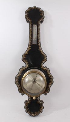 Lot 345 - Victorian banjo shaped barometer thermometer in mother of pearl inlaid papier-mâché case. 97cm