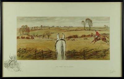 Lot 1003 - Snaffles, Charles Johnson Payne (1884-1967) signed hand coloured print - The Finest View In England, signed in pencil, with snaffle blindstamp, 42cm x 66cm, in glazed frame