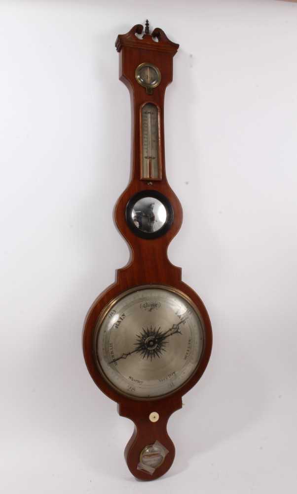 Lot 679 - 19th century banjo-shaped barometer thermometer signed C P Simms, Chipping Norton in mahogany case with swan neck pediment. 110cm