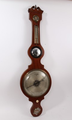 Lot 338 - 19th century banjo-shaped barometer thermometer signed C P Simms, Chipping Norton in mahogany case with swan neck pediment. 110cm