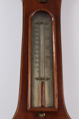 Lot 679 - 19th century banjo-shaped barometer thermometer signed C P Simms, Chipping Norton in mahogany case with swan neck pediment. 110cm