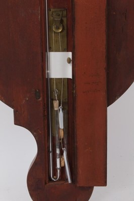Lot 679 - 19th century banjo-shaped barometer thermometer signed C P Simms, Chipping Norton in mahogany case with swan neck pediment. 110cm