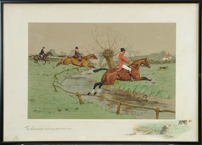 Lot 1001 - Snaffles, Charles Johnson Payne (1884-1967) signed hand coloured print - The Whissendine brook runs deep and wide, published by Fores 1913, 48cm x 67cm, in glazed frame