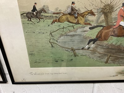 Lot 1001 - Snaffles, Charles Johnson Payne (1884-1967) signed hand coloured print - The Whissendine brook runs deep and wide, published by Fores 1913, 48cm x 67cm, in glazed frame