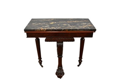 Lot 1467 - Good George IV marble topped console table, in the manner of Thomas Hope, with rectangular figured marble top raised on rounded rectangular frieze and lion monopod support with rear turned supports...