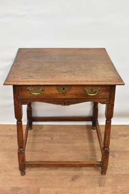 Lot 1475 - Early 18th century oak single drawer side table, with moulded rectangular top and single drawer above shaped frieze on turned and block understructure, 60cm wide x 50cm deep x 58cm high