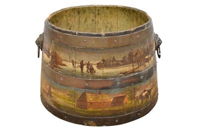 Lot 1476 - Unusual 19th century Dutch painted brass banded coal bucket, of flared cylindrical form with flanking lion mask handles, painted with continuous friezes of Dutch landscapes, 48cm diameter