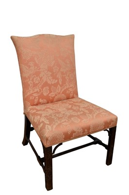 Lot 1480 - George III mahogany upholstered side chair, in the Chinese Chippendale style, with arched damask upholstered back and seat on blind fret carved square supports and chamfered stretcher