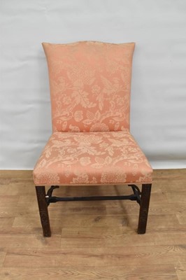 Lot 1480 - George III mahogany upholstered side chair, in the Chinese Chippendale style, with arched damask upholstered back and seat on blind fret carved square supports and chamfered stretcher