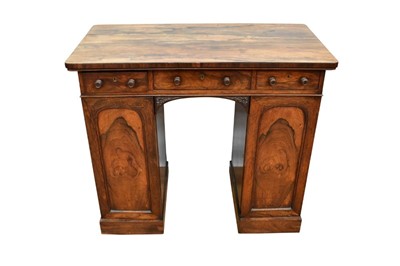 Lot 1482 - Fine quality William IV rosewood desk, of small size, with rounded rectangular top and three frieze drawers with pair of cupboard doors below enclosing pigeonholes, the reserve with faux drawers, o...