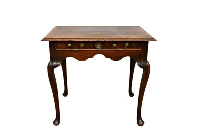 Lot 1489 - George I oak and fruitwood crossbanded side table, with single drawer over shaped frieze on cabriole legs and pad feet, 75cm wide x 50cm deep x 68cm high