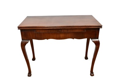 Lot 1490 - Unusual George I/II red walnut tea table, with fold over rectangular and frieze drawer to each end and concealed flush drawer to one side on slender cabriole legs and claw and ball feet, 95cm wide...