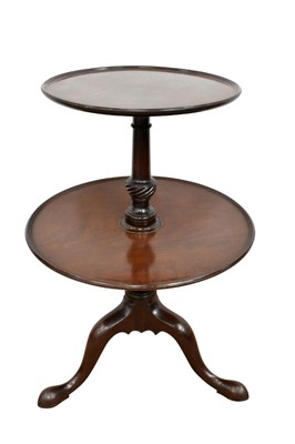 Lot 1492 - George III mahogany two tier whatnot, with two graduated dished tiers and spiral twist carved column, on tripod cabriole base and castors, 58cm diameter x 78cm high