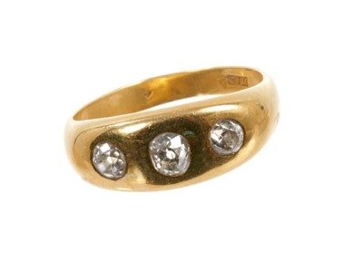Lot 524 - Antique diamond three stone gypsy ring with three old cut diamonds in 1ct gold gypsy setting, estimated total diamond weight approximately 0.75cts. Ring size T½.