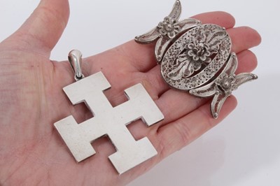 Lot 560 - Victorian silver Jerusalem cross pendant, Chester 1885, 70mm, large Victorian silver and gem-set brooch 80mm, and a silver filigree brooch (3)