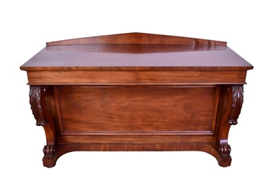 Lot 1447 - Victorian mahogany serving table, with arched bowed back, with two frieze drawers on acanthus carved scrolled supports, on plinths, the rear pedestal with cupboard accessed from both ends