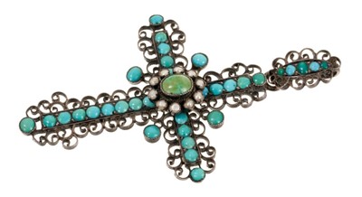 Lot 562 - 19th century continental turquoise and seed pearl cross pendant in silver setting, in original box